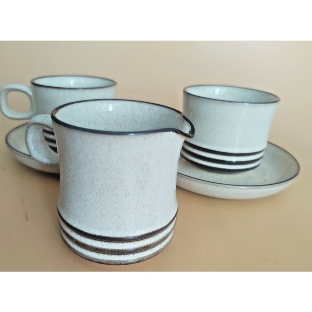 Vintage Denby Sahara Pattern Stoneware Cup, Saucers, Creamer, Sugar Bowl